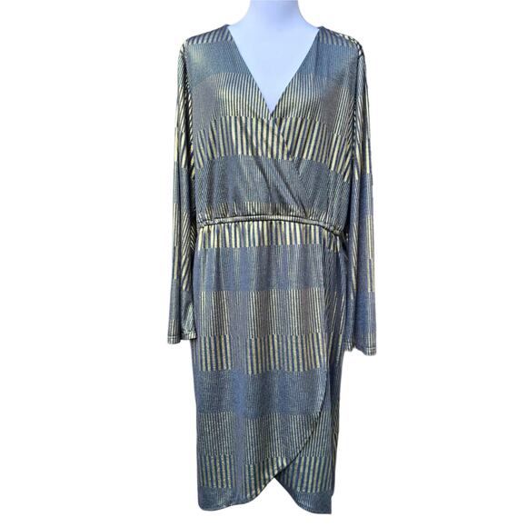 Gold Foil Hutch Dress Plus Size 1X Gray Bell Sleeve Faux Wrap Stretch Modcloth - Picture 1 of 9